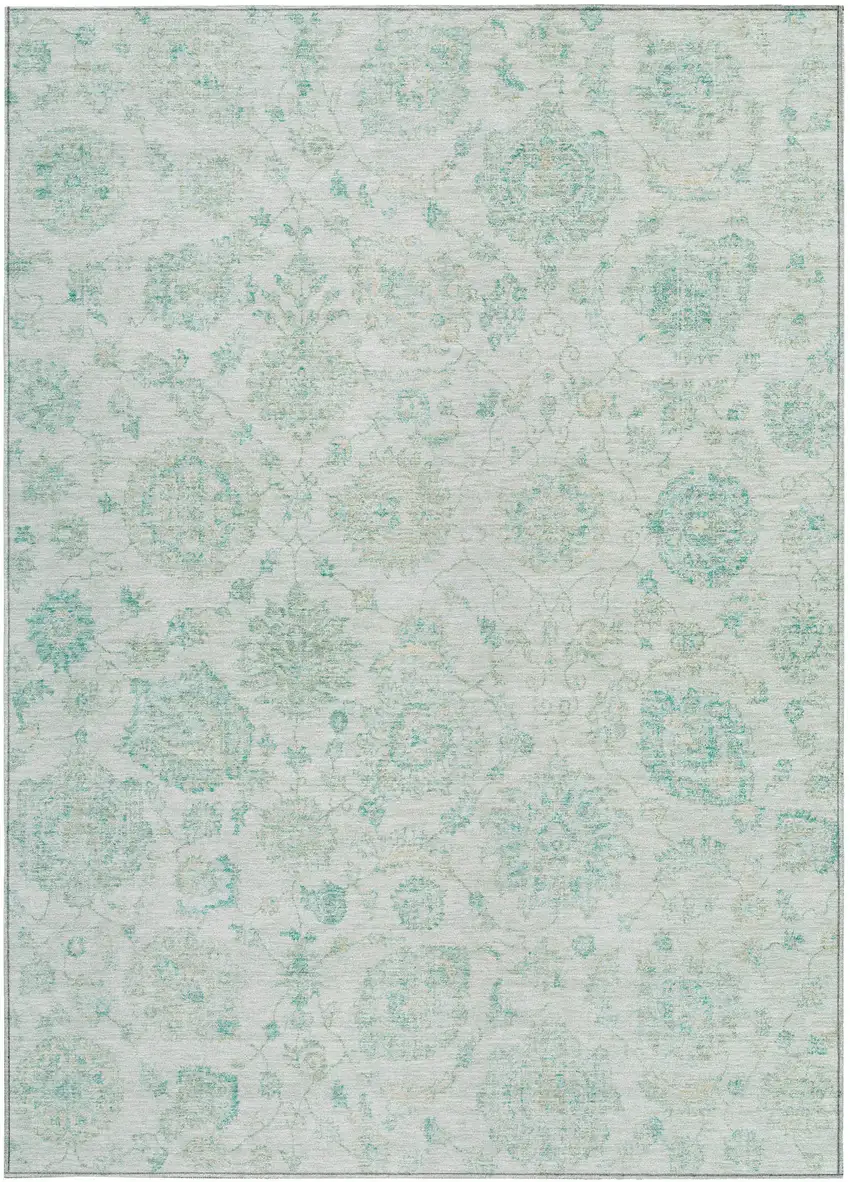 Turquoise And Beige Damask Washable Indoor Outdoor Area Rug Photo 3