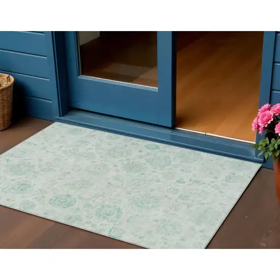 Turquoise And Beige Damask Washable Indoor Outdoor Area Rug Photo 2