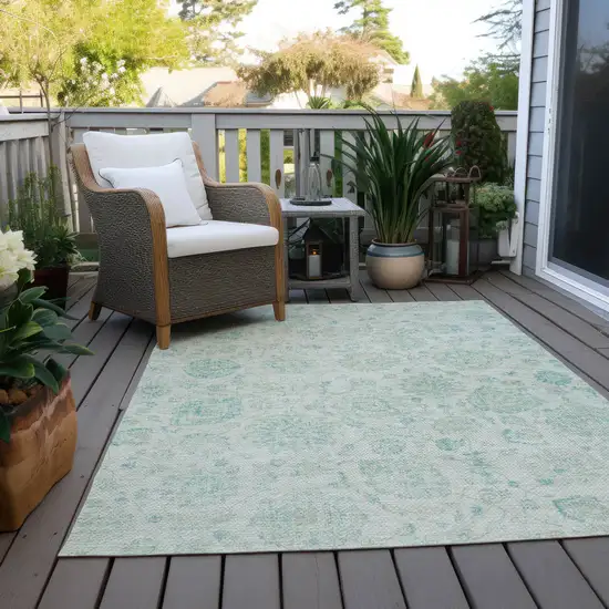 Turquoise And Beige Damask Washable Indoor Outdoor Area Rug Photo 8