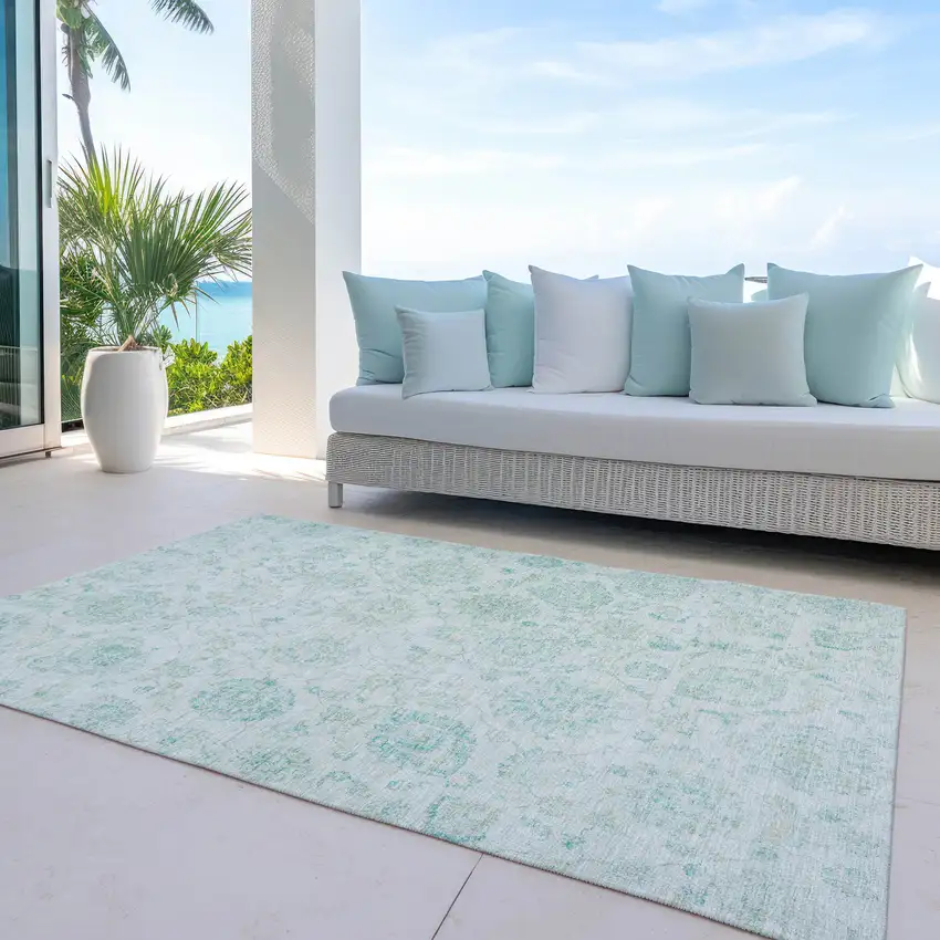 Turquoise And Beige Damask Washable Indoor Outdoor Area Rug Photo 5