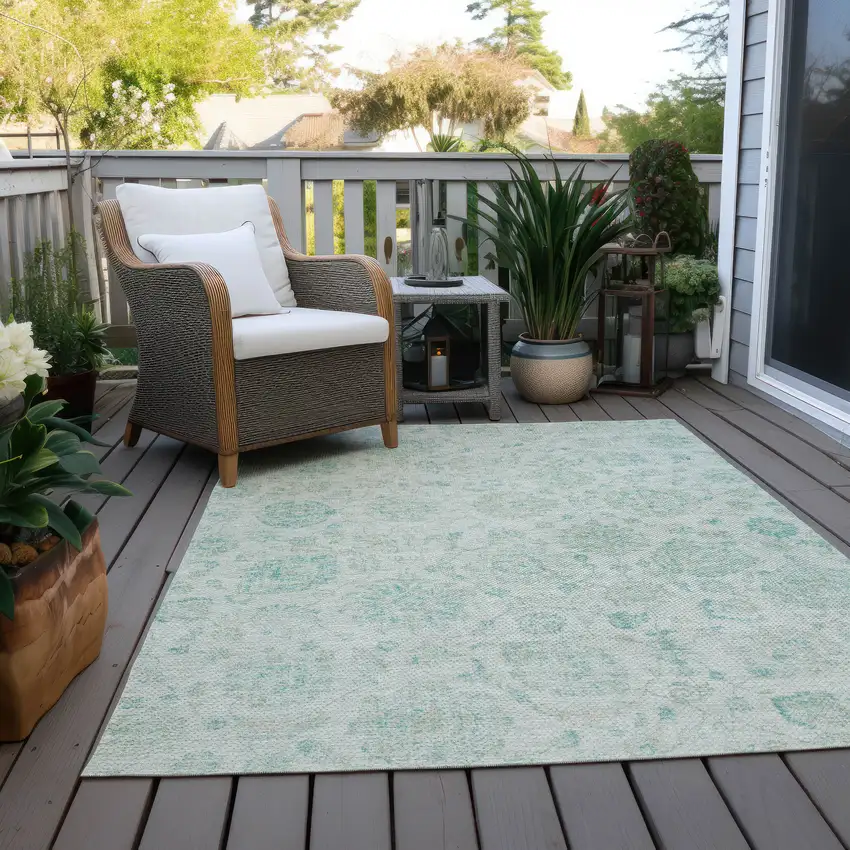 Turquoise And Beige Damask Washable Indoor Outdoor Area Rug Photo 8