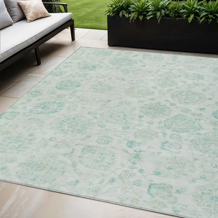 Turquoise And Beige Damask Washable Indoor Outdoor Area Rug Photo 2