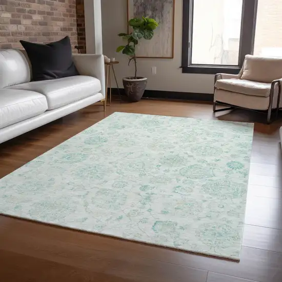 Turquoise And Beige Damask Washable Indoor Outdoor Area Rug Photo 6