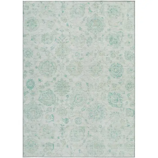 Turquoise And Beige Damask Washable Indoor Outdoor Area Rug Photo 3
