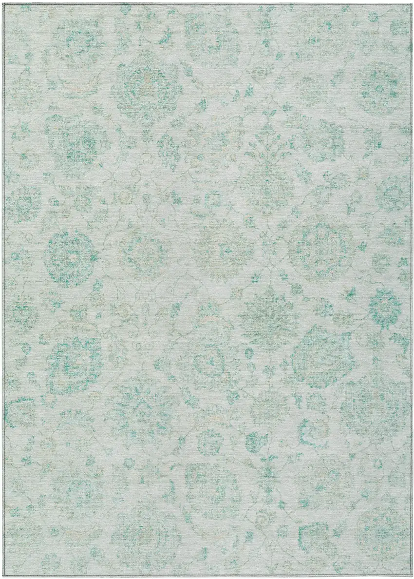 Turquoise And Beige Damask Washable Indoor Outdoor Area Rug Photo 1