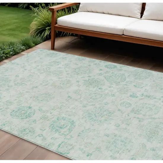 Turquoise And Beige Damask Washable Indoor Outdoor Area Rug Photo 2
