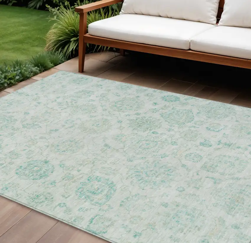 Turquoise And Beige Damask Washable Indoor Outdoor Area Rug Photo 2