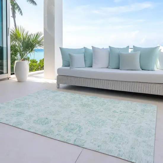 Turquoise And Beige Damask Washable Indoor Outdoor Area Rug Photo 5