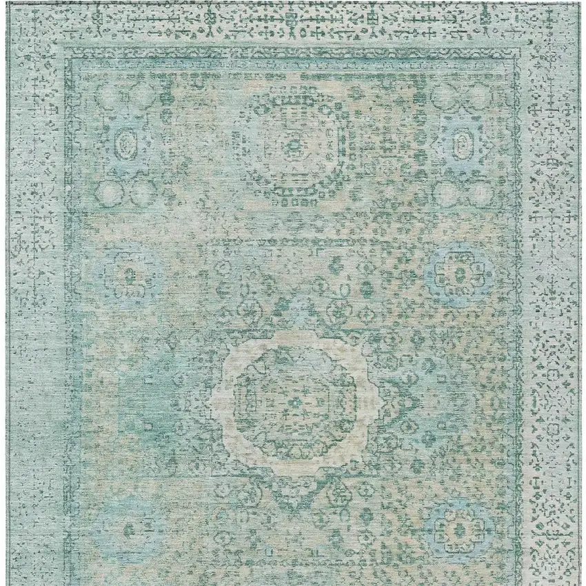 Turquoise And Beige Floral Medallion Washable Indoor Outdoor Area Rug Photo 4