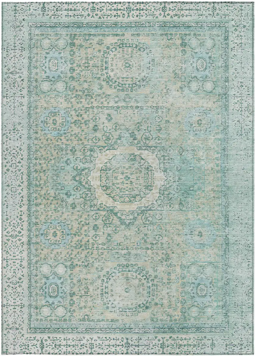 Turquoise And Beige Floral Medallion Washable Indoor Outdoor Area Rug Photo 3