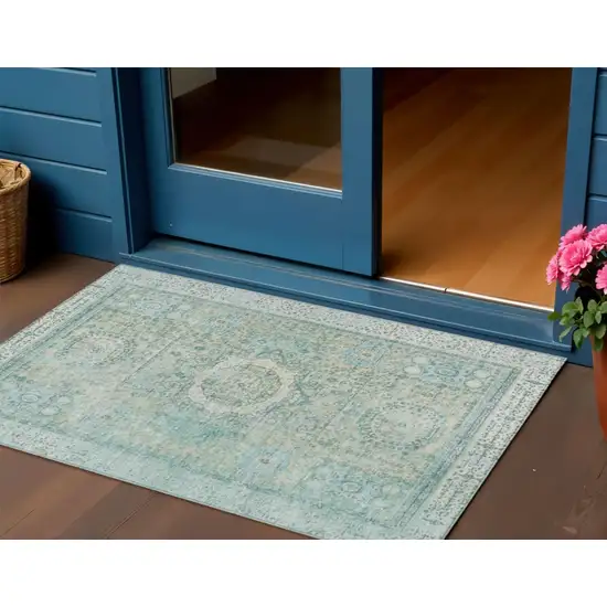 Turquoise And Beige Floral Medallion Washable Indoor Outdoor Area Rug Photo 2