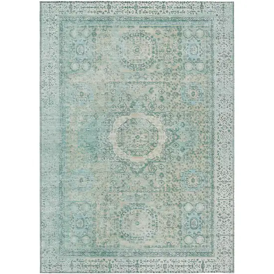 Turquoise And Beige Floral Medallion Washable Indoor Outdoor Area Rug Photo 1