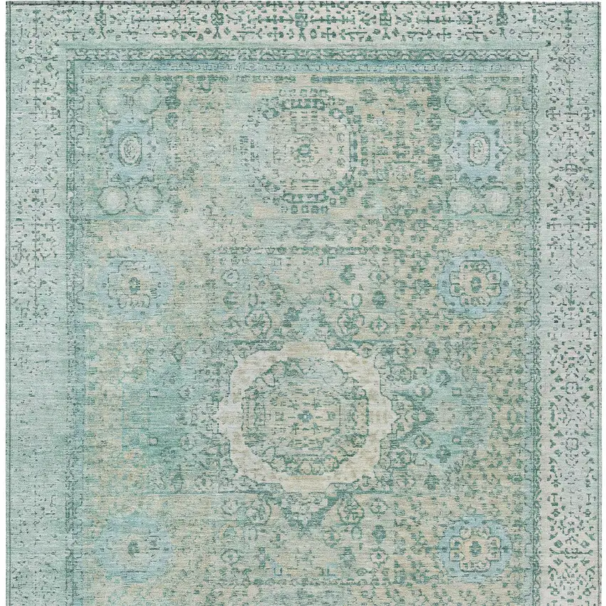 Turquoise And Beige Floral Medallion Washable Indoor Outdoor Area Rug Photo 9