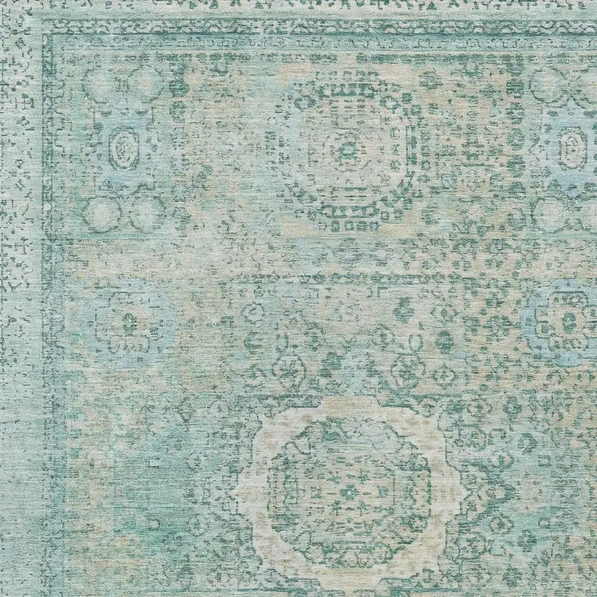 Turquoise And Beige Floral Medallion Washable Indoor Outdoor Area Rug Photo 4