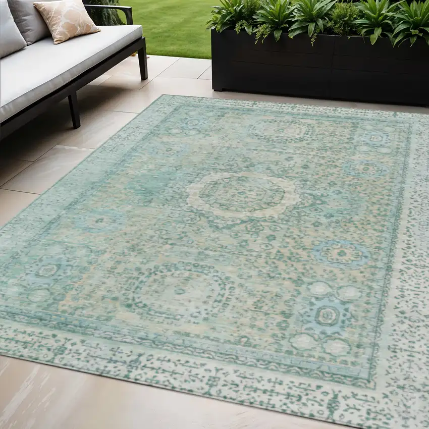 Turquoise And Beige Floral Medallion Washable Indoor Outdoor Area Rug Photo 2