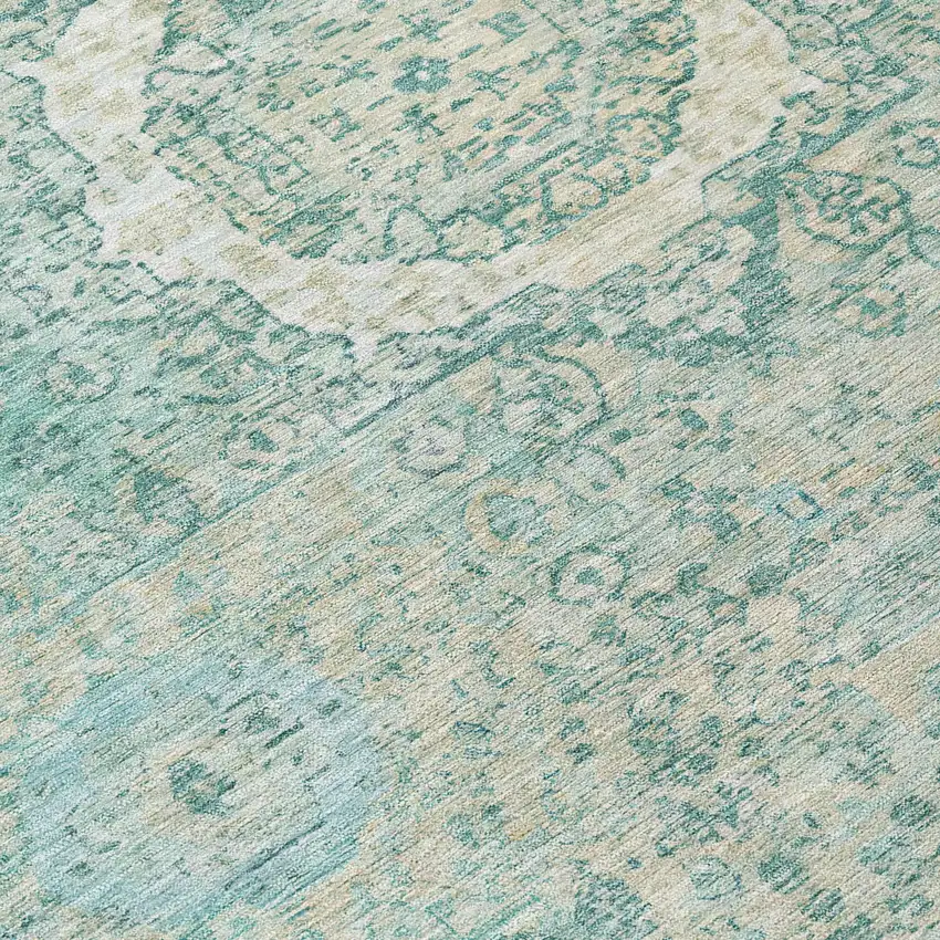 Turquoise And Beige Floral Medallion Washable Indoor Outdoor Area Rug Photo 9