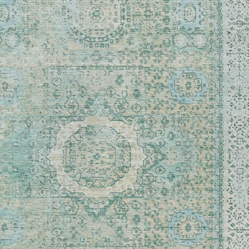 Turquoise And Beige Floral Medallion Washable Indoor Outdoor Area Rug Photo 7