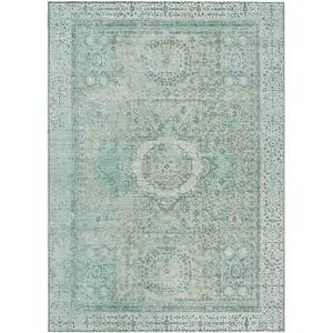 Photo of Turquoise And Beige Floral Medallion Washable Indoor Outdoor Area Rug