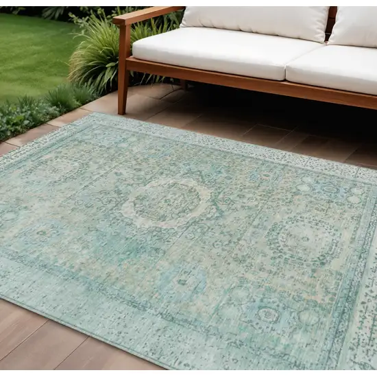 Turquoise And Beige Floral Medallion Washable Indoor Outdoor Area Rug Photo 2