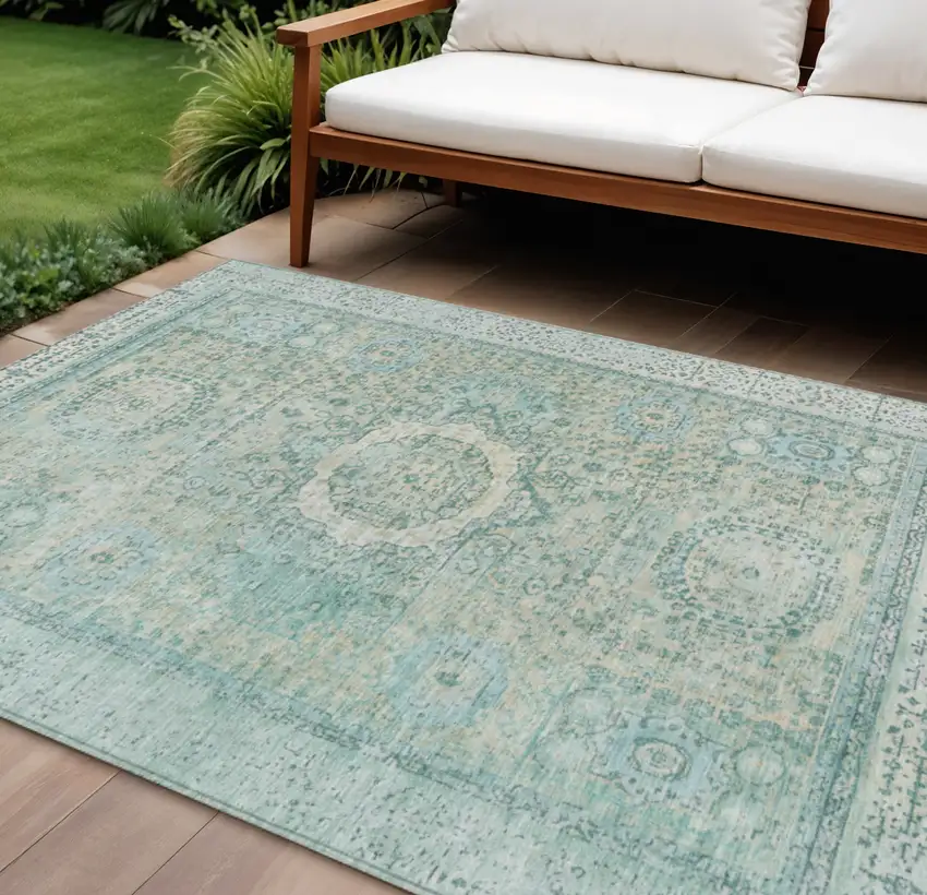 Turquoise And Beige Floral Medallion Washable Indoor Outdoor Area Rug Photo 2
