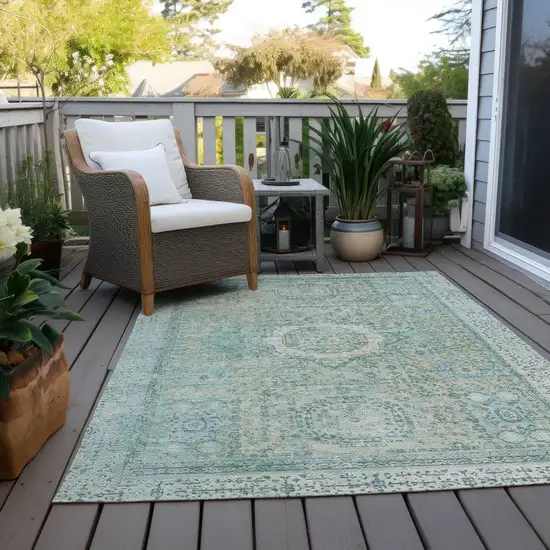 Turquoise And Beige Floral Medallion Washable Indoor Outdoor Area Rug Photo 5