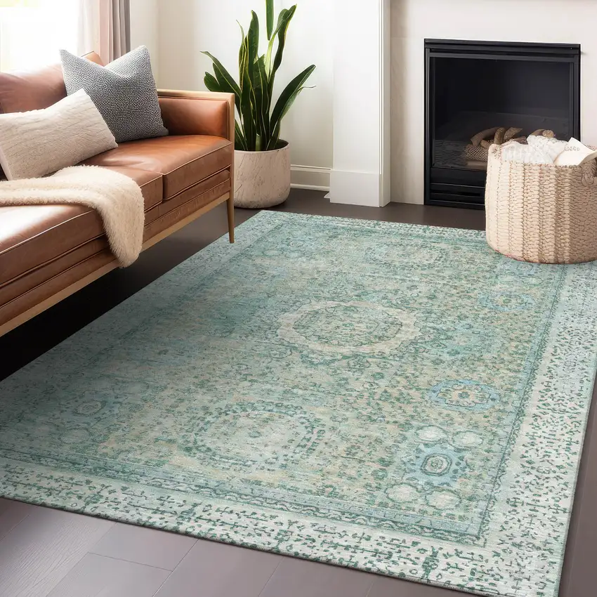 Turquoise And Beige Floral Medallion Washable Indoor Outdoor Area Rug Photo 6