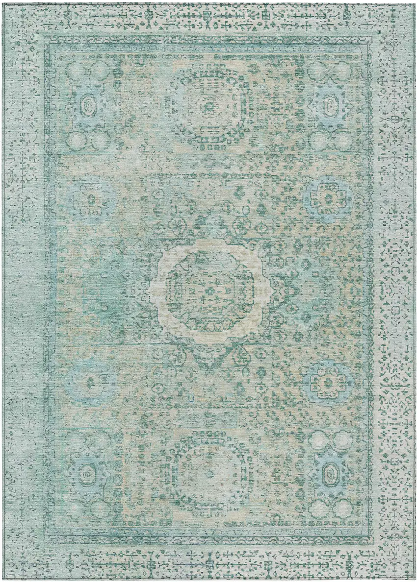 Turquoise And Beige Floral Medallion Washable Indoor Outdoor Area Rug Photo 1