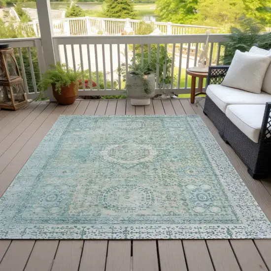 Turquoise And Beige Floral Medallion Washable Indoor Outdoor Area Rug Photo 8