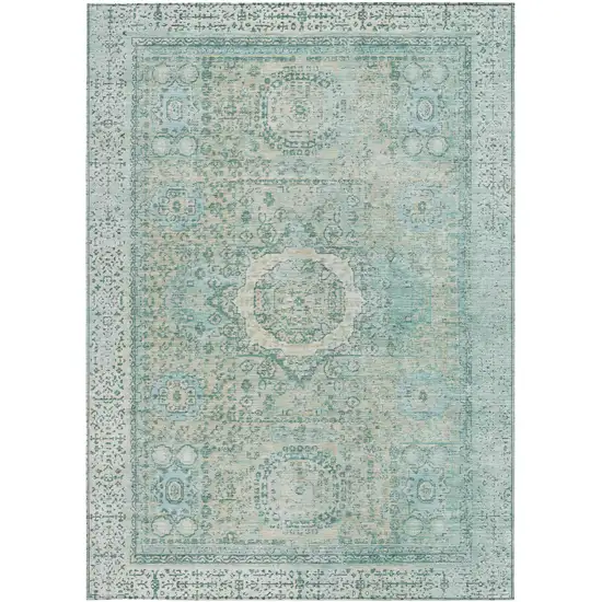 Turquoise And Beige Floral Medallion Washable Indoor Outdoor Area Rug Photo 4