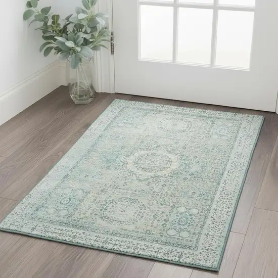 Turquoise And Beige Oriental Washable Area Rug With UV Protection Photo 2