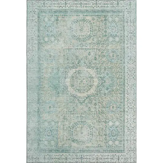 Turquoise And Beige Oriental Washable Area Rug With UV Protection Photo 1