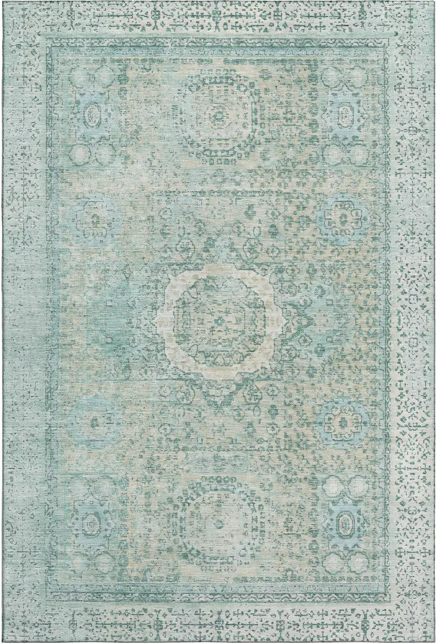 Turquoise And Beige Oriental Washable Area Rug With UV Protection Photo 1