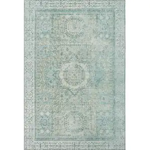 Photo of Turquoise And Beige Oriental Washable Area Rug With UV Protection