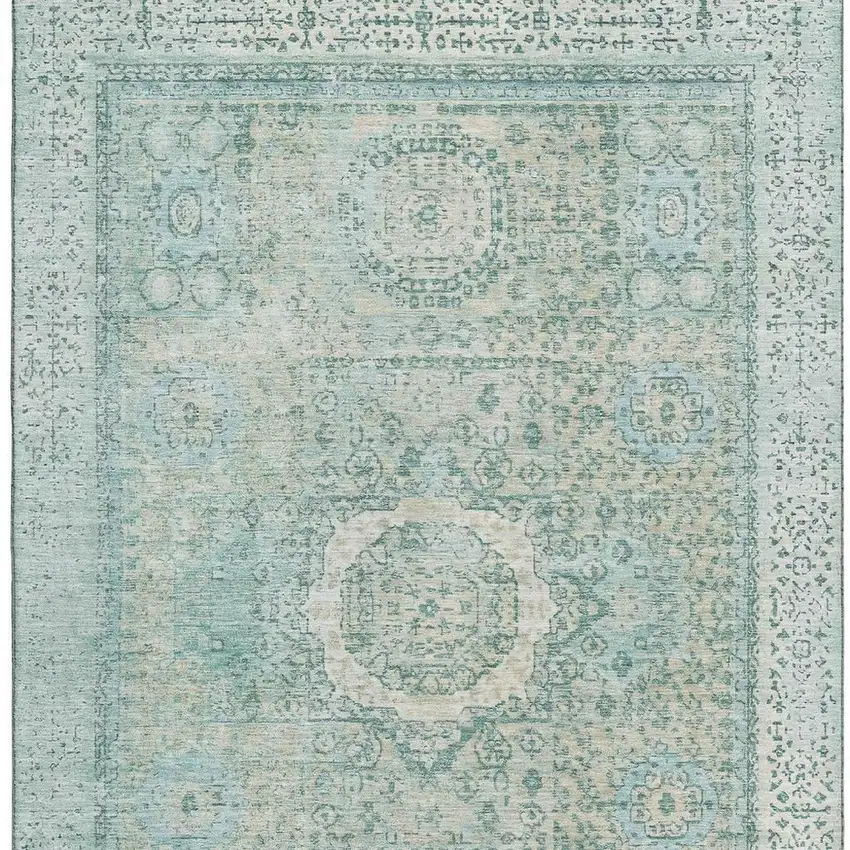 Turquoise And Beige Oriental Washable Area Rug With UV Protection Photo 2