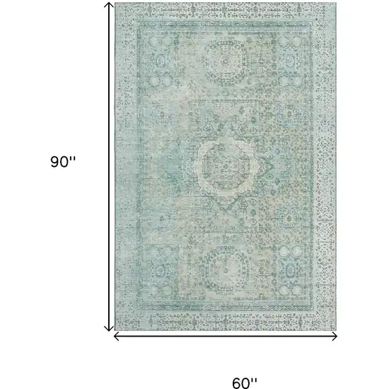 Turquoise And Beige Oriental Washable Area Rug With UV Protection Photo 9
