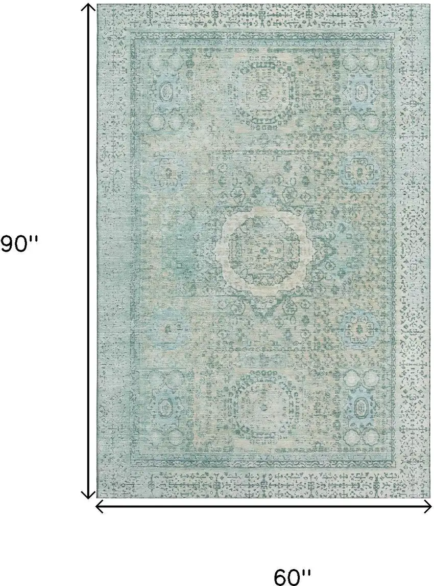 Turquoise And Beige Oriental Washable Area Rug With UV Protection Photo 9