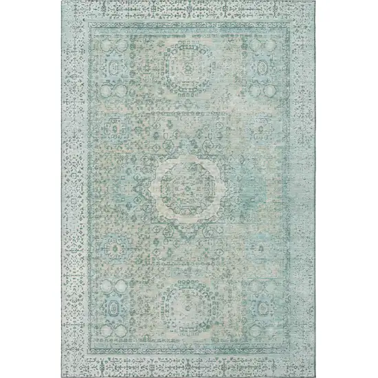 Turquoise And Beige Oriental Washable Area Rug With UV Protection Photo 2