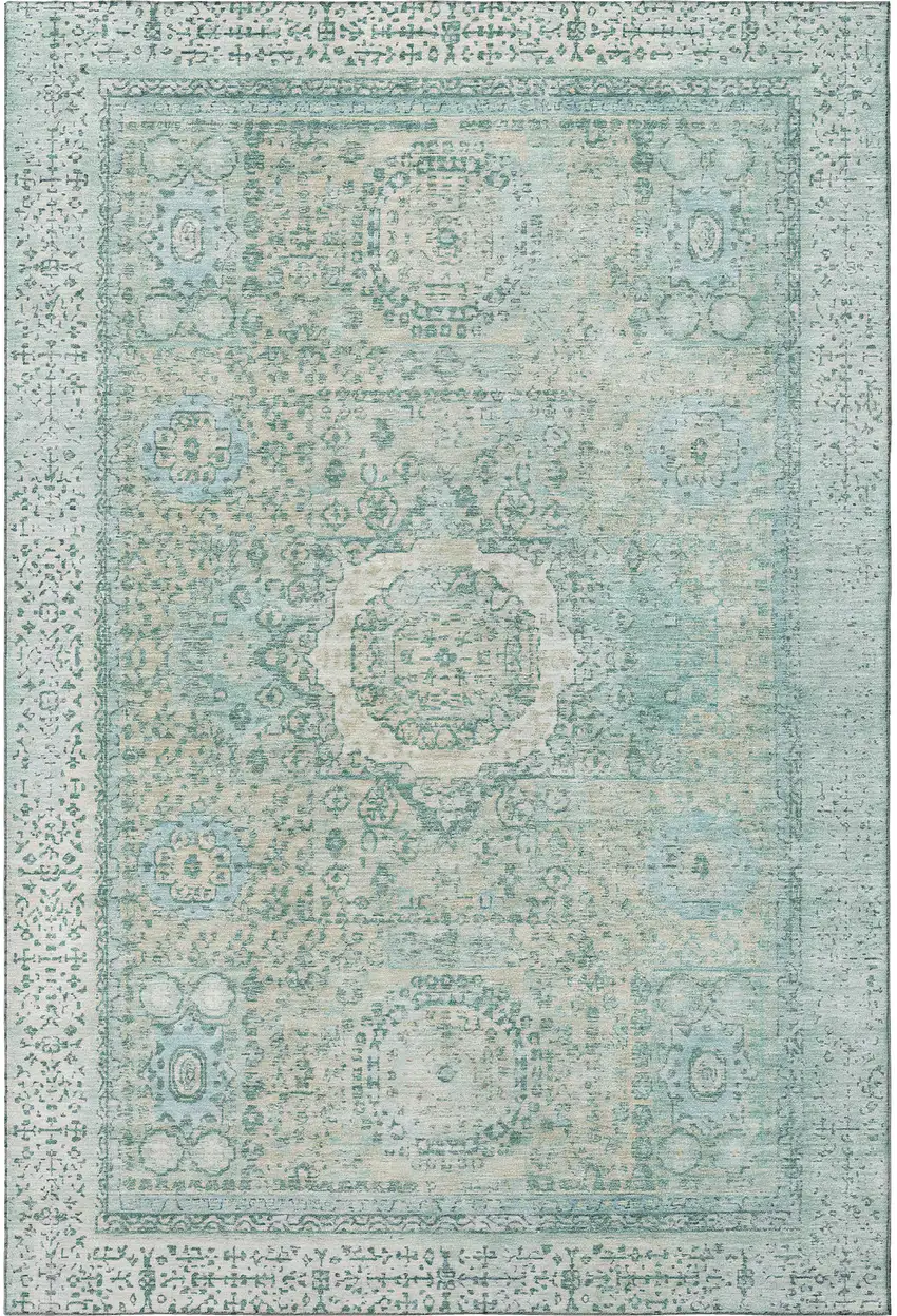 Turquoise And Beige Oriental Washable Area Rug With UV Protection Photo 2