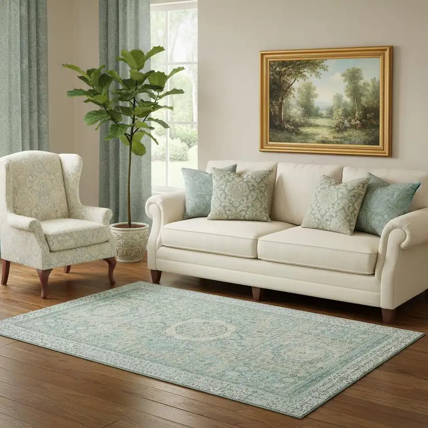 Turquoise And Beige Oriental Washable Area Rug With UV Protection Photo 2