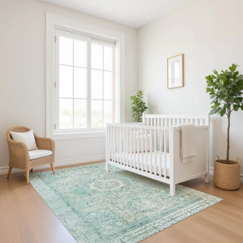 Turquoise And Beige Oriental Washable Area Rug With UV Protection Photo 4