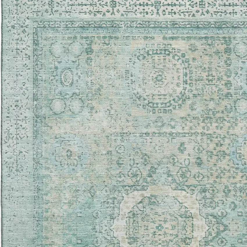 Turquoise And Beige Oriental Washable Area Rug With UV Protection Photo 2