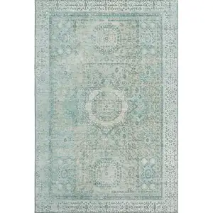 Photo of Turquoise And Beige Oriental Washable Area Rug With UV Protection