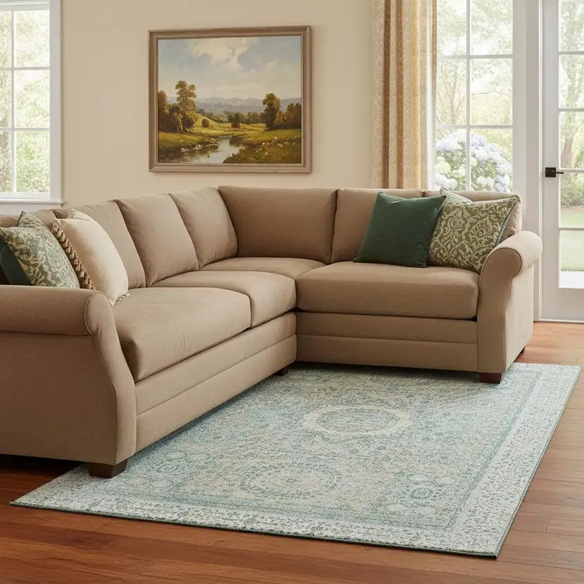 Turquoise And Beige Oriental Washable Area Rug With UV Protection Photo 2