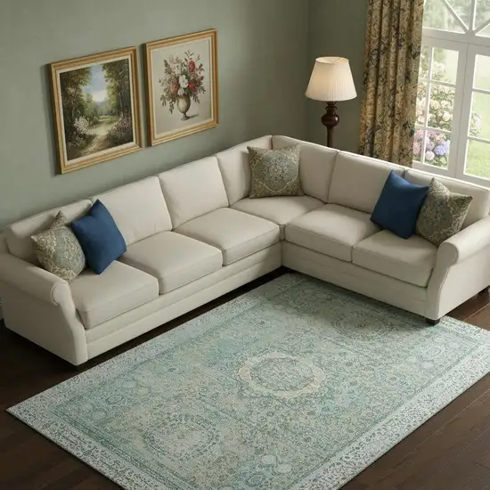 Turquoise And Beige Oriental Washable Area Rug With UV Protection Photo 2