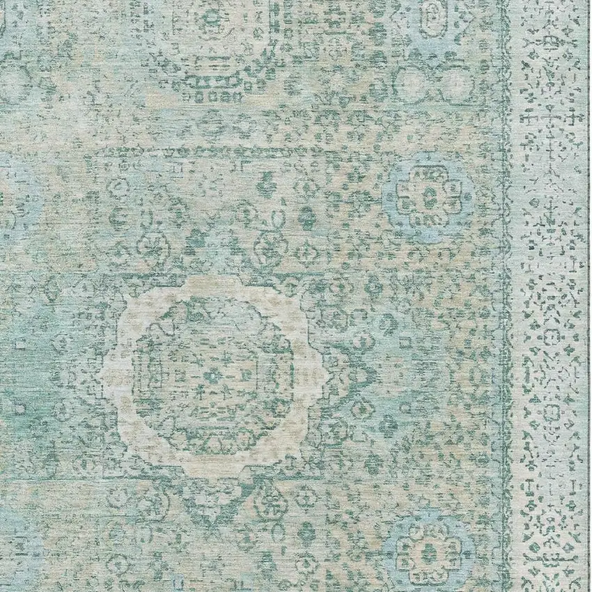 Turquoise And Beige Oriental Washable Area Rug With UV Protection Photo 2