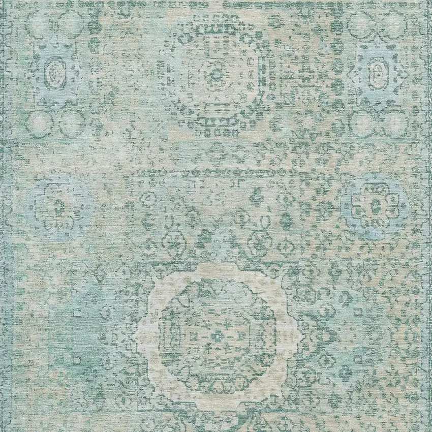Turquoise And Beige Oriental Washable Area Rug With UV Protection Photo 2