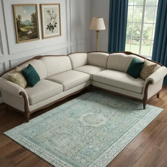 Turquoise And Beige Oriental Washable Area Rug With UV Protection Photo 2