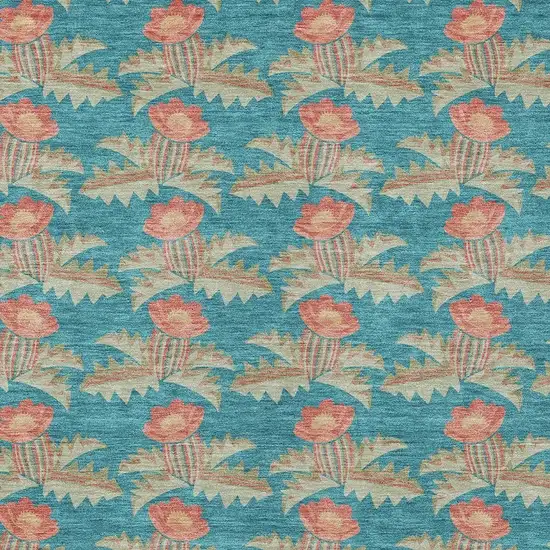Turquoise And Brown Floral Washable Indoor Outdoor Area Rug Photo 3