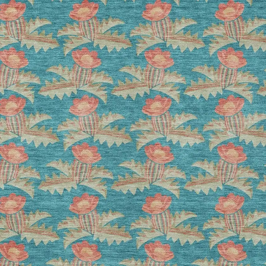 Turquoise And Brown Floral Washable Indoor Outdoor Area Rug Photo 3
