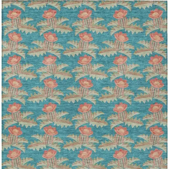 Turquoise And Brown Floral Washable Indoor Outdoor Area Rug Photo 4